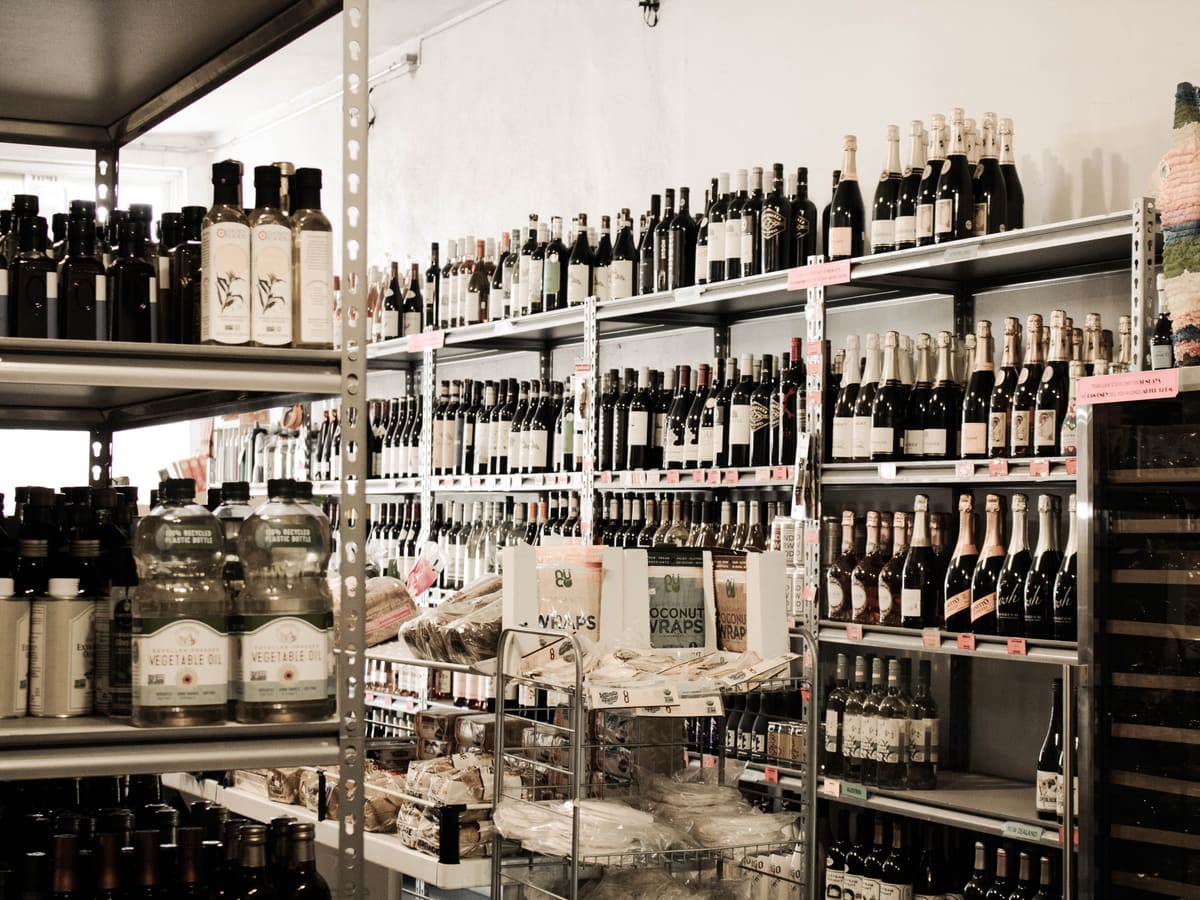 Shelves of bottles in a liquor store